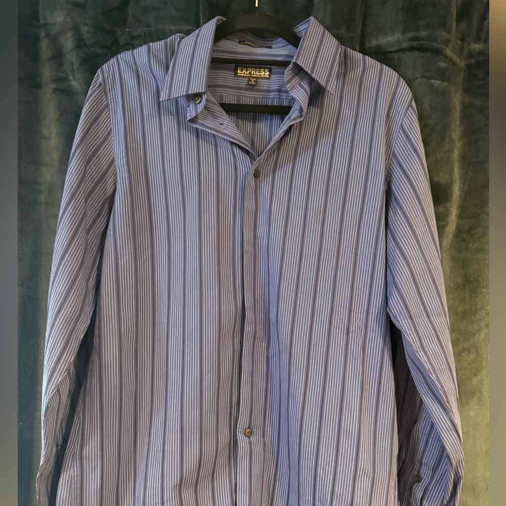 Express Men's Navy and White Striped Button Down Shirt